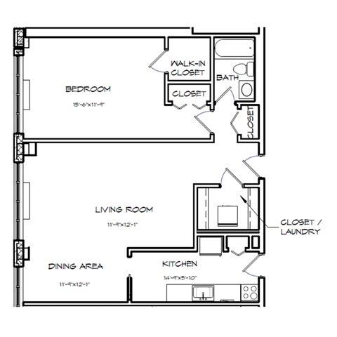 A floor plan of a small apartment with a bedroom, living room, dining area, kitchen, and closets.